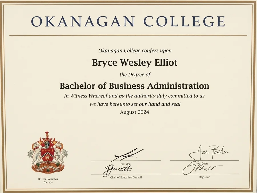 Bryce Elliot's Bachelor of Business Administration degree from Okanagan College, conferred August 2024
